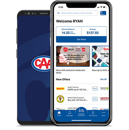 Phone featuring the CAA Mobile App home screen.