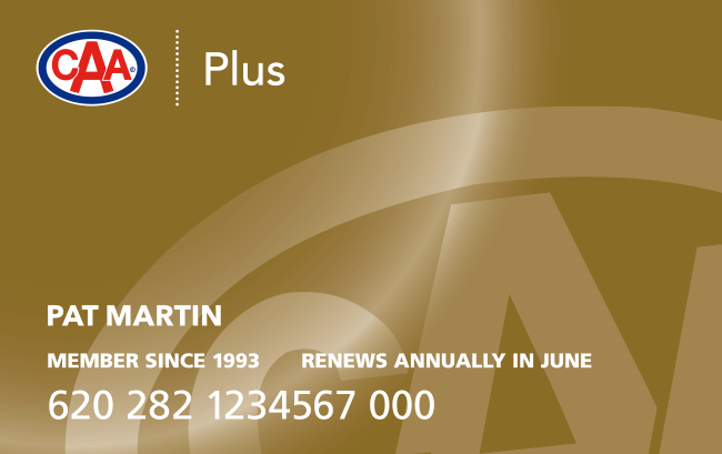 A gold CAA Plus membership card